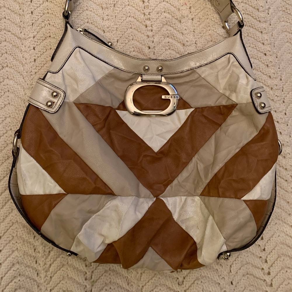Euc Guess Brown White Tan Leather Shoulder Bag Pu… - image 3